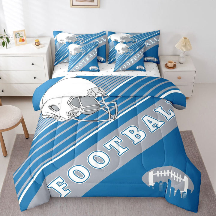 Erosebridal Sports Football Bedding White And Sky Blue Rugby Helmet Bed Set Queen, American Soccer City Comforter for Kids Boys, 7 Pieces Bed in a Bag(Detroit)