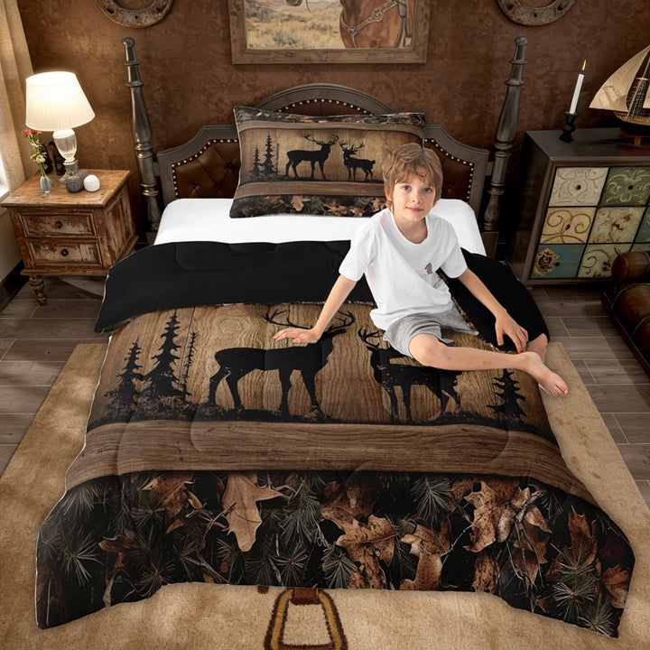 Rustic Cabin Bedding Sets Camo Hunting Deer Comforter Set Twin Farmhouse Woodland Animal Quilt Comforter Teen Men,Tree Branches Camouflage Wildlife Bed Duvet Set 2 Pcs