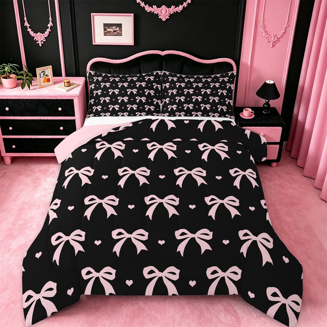 Manfei Lovely Bow Knot Bedding Comforter Set,Princess Bowtie Loves Twin Comforter Sets,Pink Black Bedding Set For Teens,Luxury Bedroom Decor Reversible,2pcs