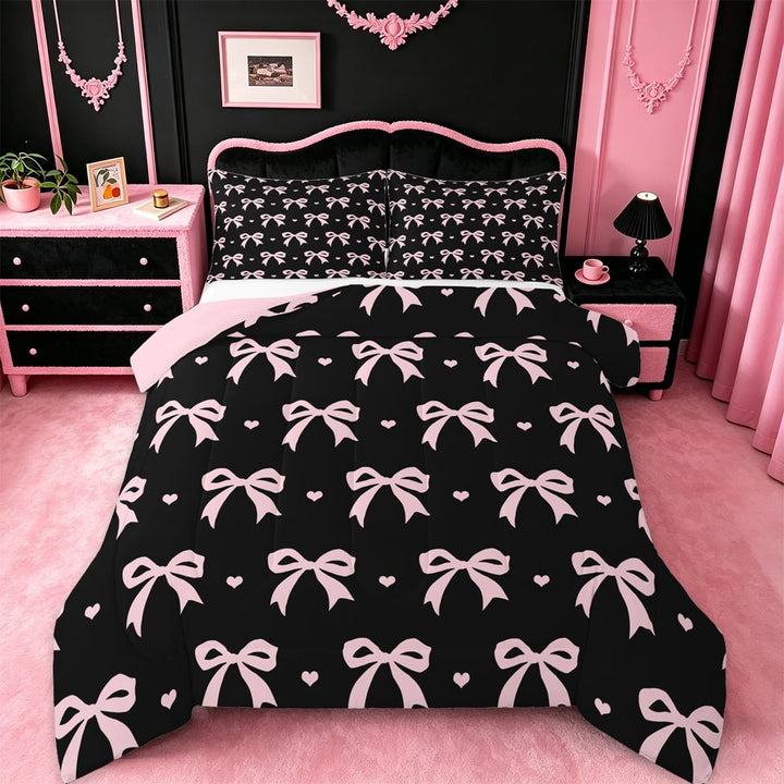 Manfei Lovely Bow Knot Bedding Comforter Set,Princess Bowtie Loves Twin Comforter Sets,Pink Black Bedding Set For Teens,Luxury Bedroom Decor Reversible,2pcs
