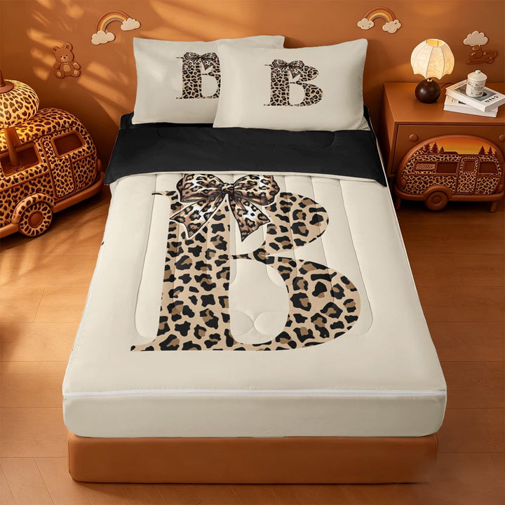 meiyoeat leopard Bowknot Monogram Art Zipper Twin Comforter Sets with Fitted Sheet and 2 Pillowcases,Cheetah Print Initial B Zipper Bedding Set,Black Reversible,4-Piece