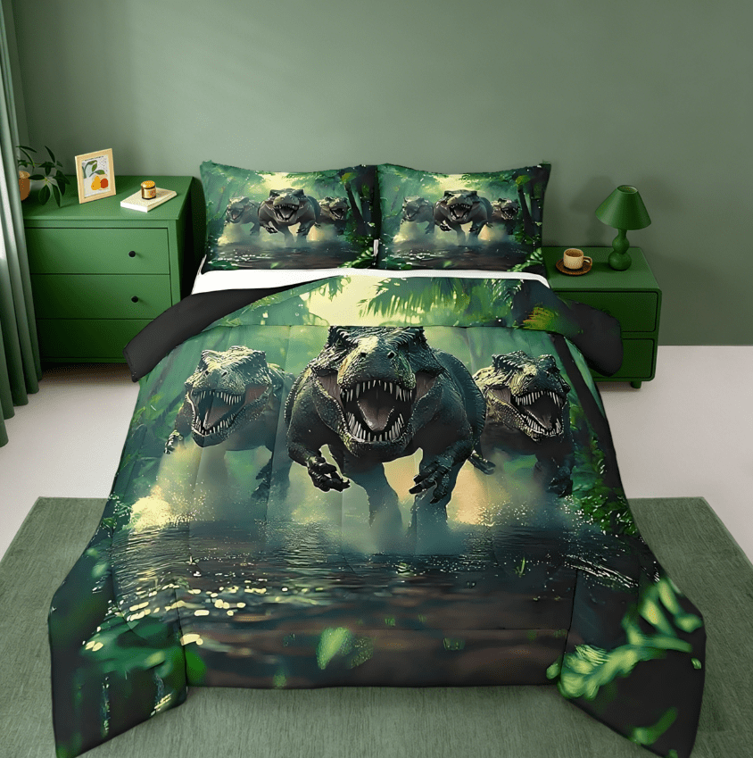 Manfei Cartoon Ancient Dinosaur Full Size Comforter Sets,3D Dino Print Jungle Dino Bedding Sets Wild Animal Bedroom Decor Reversible 3pcs