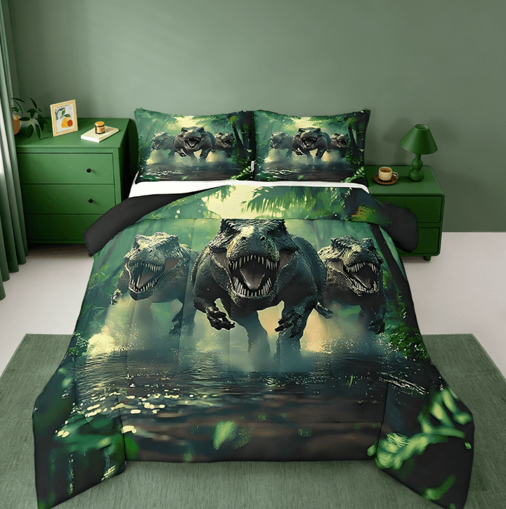 Manfei Cartoon Ancient Dinosaur Full Size Comforter Sets,3D Dino Print Jungle Dino Bedding Sets Wild Animal Bedroom Decor Reversible 3pcs