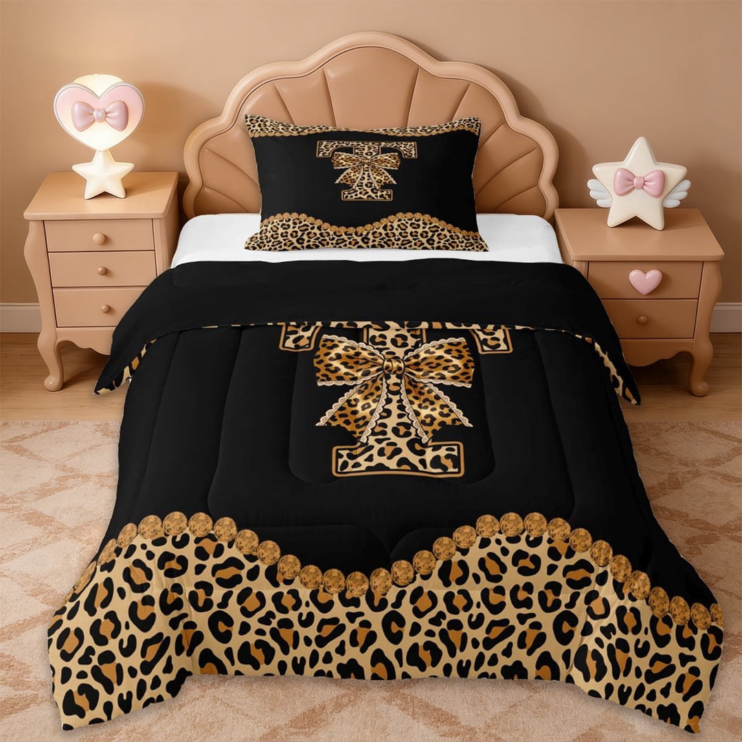 Erosebridal Brown Leopard Print Twin Comforter Sets,Cheetah Bowknot Letter T Alphabet Bedding Set For Girls Kids,Black Reversible,2-Piece