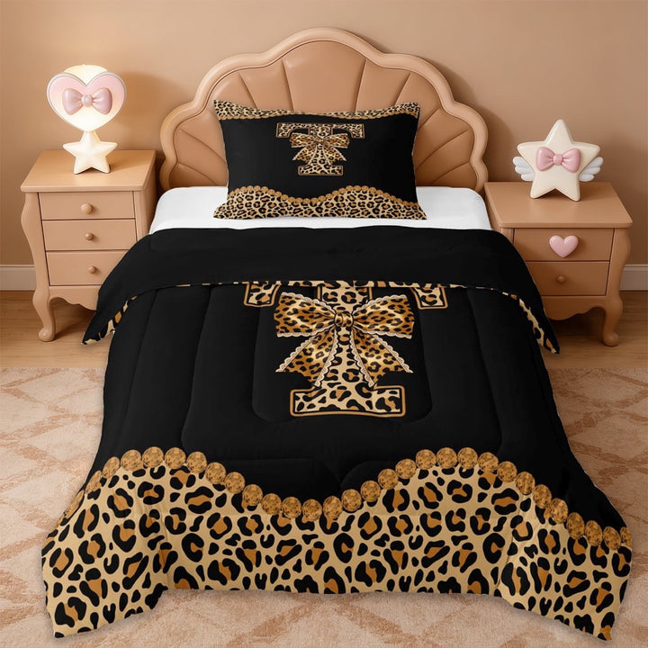 Erosebridal Brown Leopard Print Twin Comforter Sets,Cheetah Bowknot Letter T Alphabet Bedding Set For Girls Kids,Black Reversible,2-Piece
