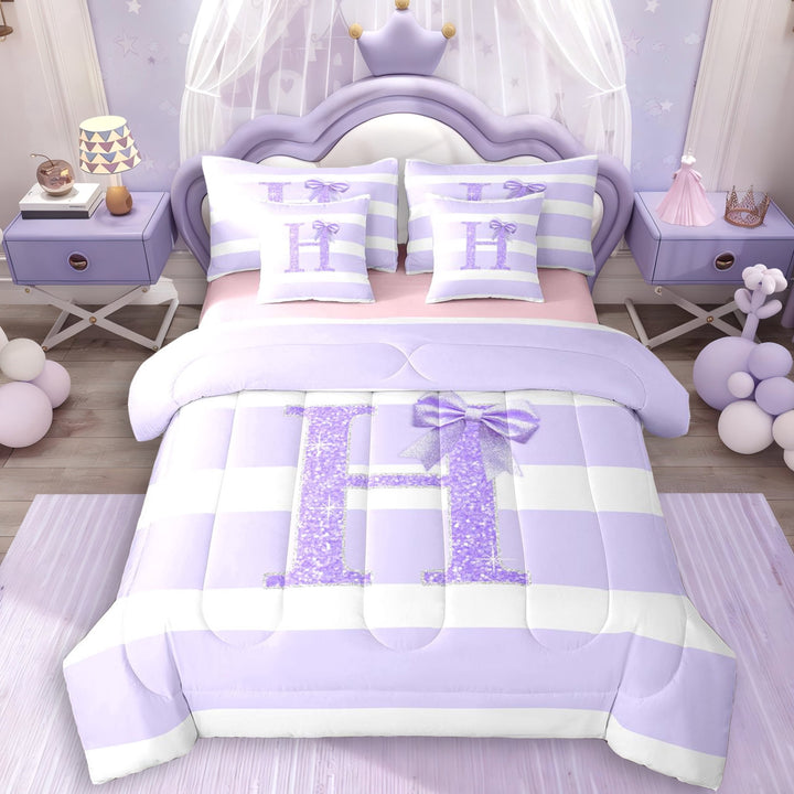 Erosebridal Girls Purple Bow Letter Monogrammed H Twin Bedding Sets 7-Piece,Bling Glitter Print Geometric Stripes Bedding Comforter Set For Children Teens,Pink Reversible