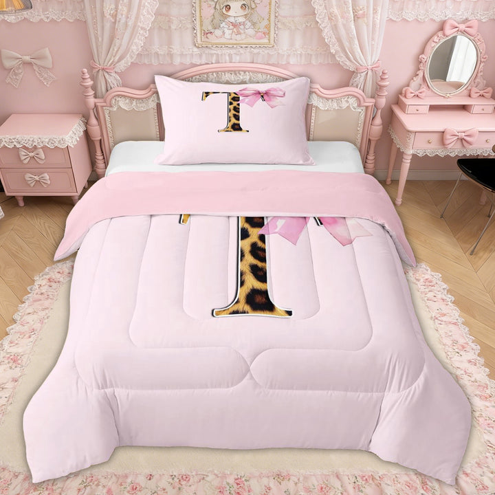 Erosebridal Princess Pink Bow Twin Comforter Sets, Cartoon Initial T Bedding Set for Girls Kids, Pink Reversible, 2pcs