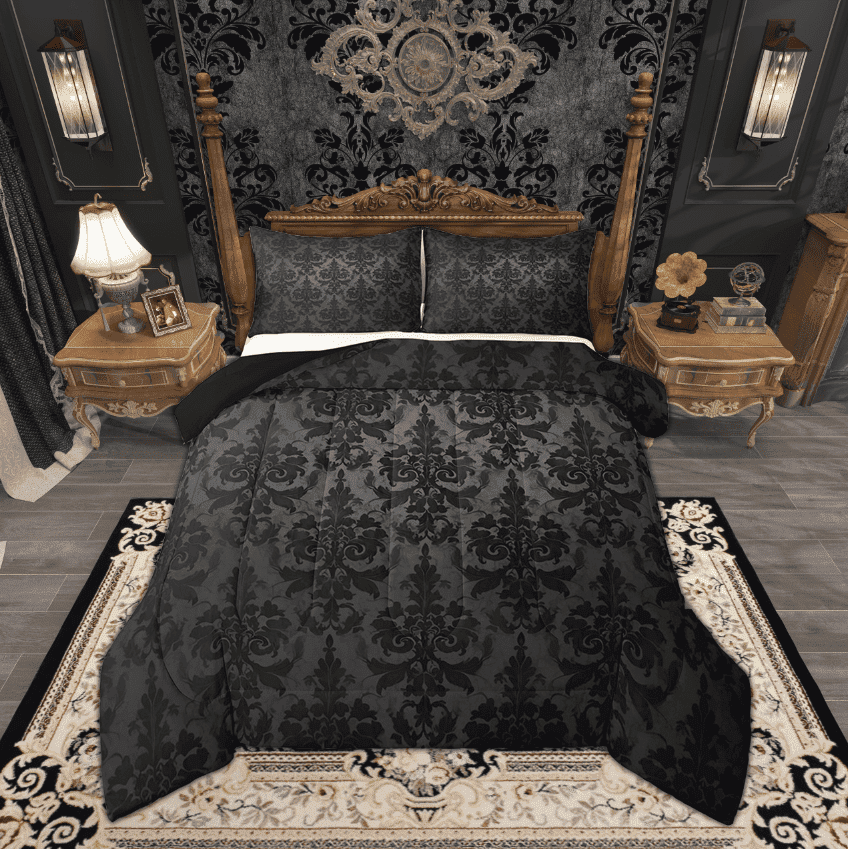 Gothic Bedding Sets Victorian Comforter Set,Black Damask Comforter Set Queen,Vintage Baroque Goth Bed Set Black Floral Comforter Set Bohemian Decor,Grey
