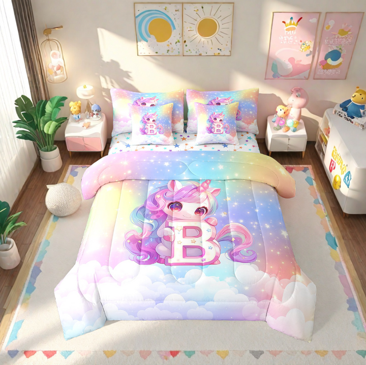Erosebridal Kawaii Unicorn Bedding Twin Size, Personalized Letter B Comforter Sets With Sheets, Cute Stars Clouds Bedding Sets Twin Size, Breathable Room Decorative,7Pcs Reversible