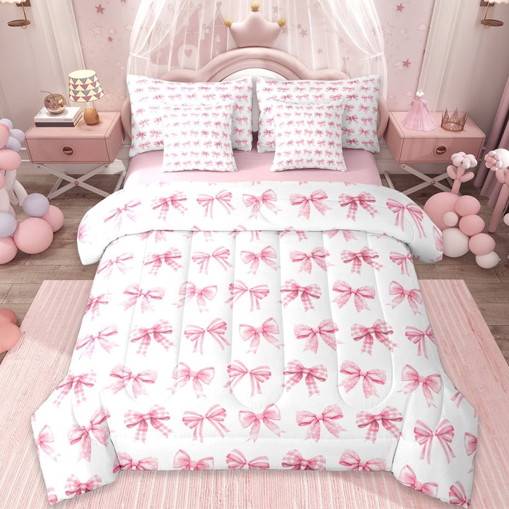 Erosebridal Cute Coquette Bowknot 7-Piece Twin Bedding Sets,Pink Cartoon Bows Bedding Comforter Set For Girls Kids,Reversible