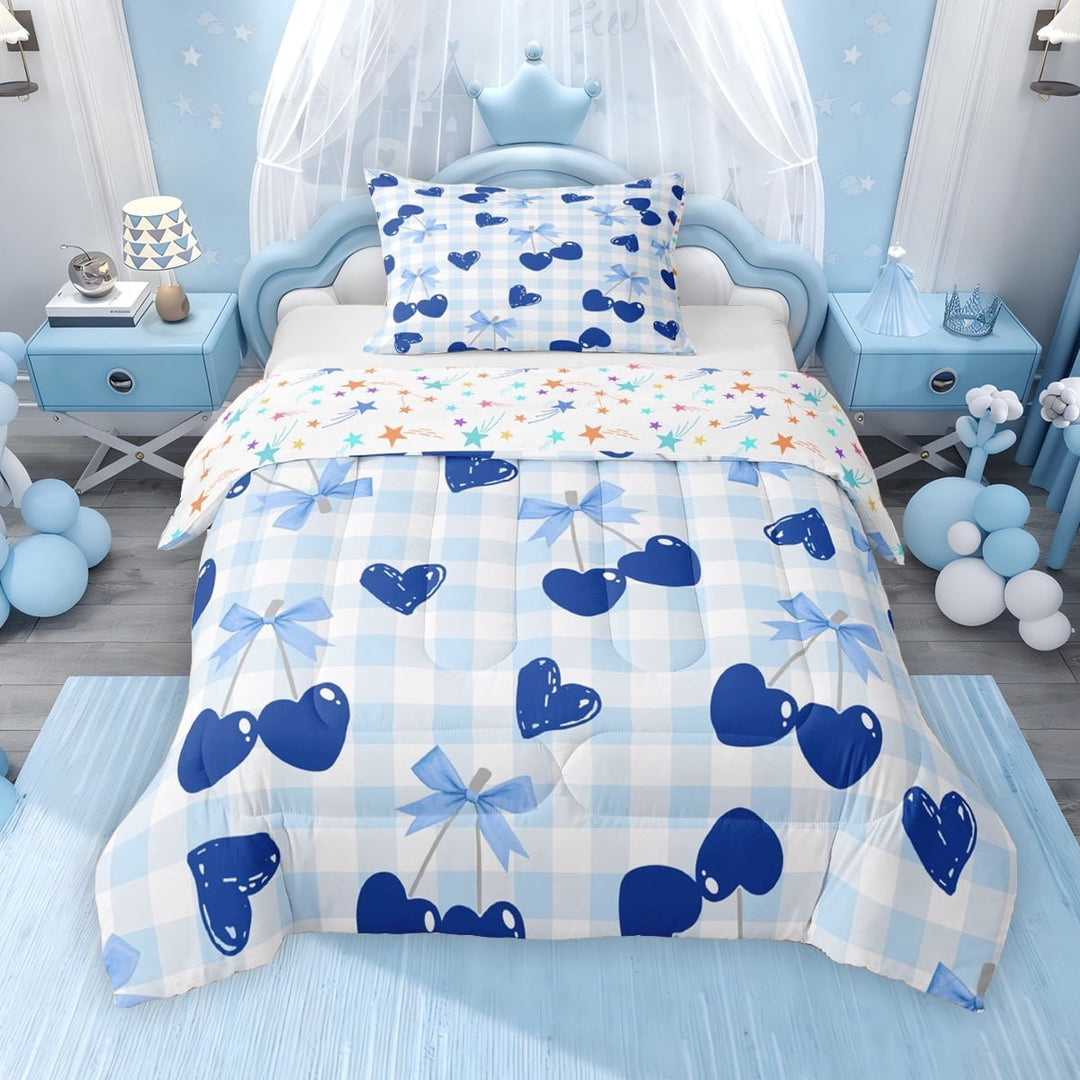 Erosebridal Cute Cherry Bow Twin Comforter Sets for Girls, Blue Plaid Bedding Set, Colorful Stars Reversible, 1 Comforter and 1 Pillowcase