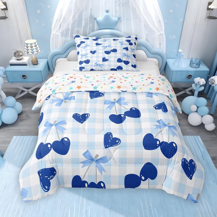Erosebridal Cute Cherry Bow Twin Comforter Sets for Girls, Blue Plaid Bedding Set, Colorful Stars Reversible, 1 Comforter and 1 Pillowcase