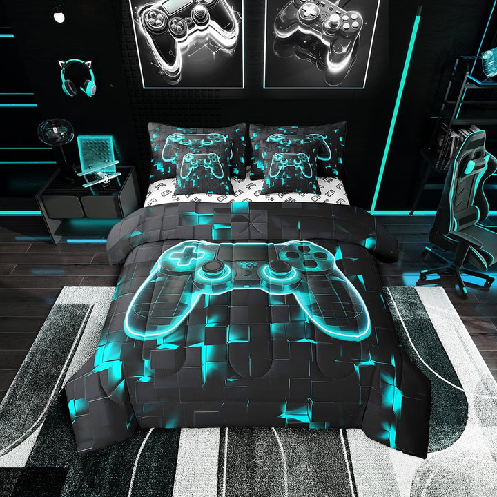 7 Piece Gamer Bed in a Bag for Boys Twin Gaming Room Bedding Comforter Sheet Set, Geometry Honeycomb Print Bed Set Modern Abstract Plaid Fitted Sheet Gamepad Controller Decor Flat Sheet