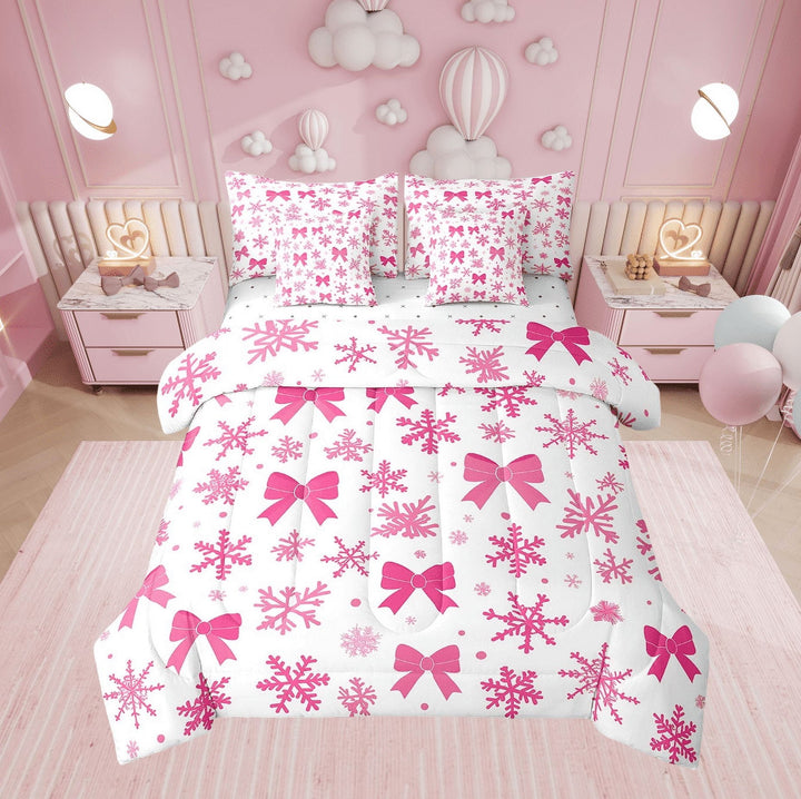 Erosebridal Pink White Bed in a Bag 7pcs Dreamy Princess Bedding Set, Pink Bow Knots Twin Size Bed In A Bag for Girls Winter Snowflakes Bedding Comforter Sets, Bowknots Bow Tie Print Bed Set