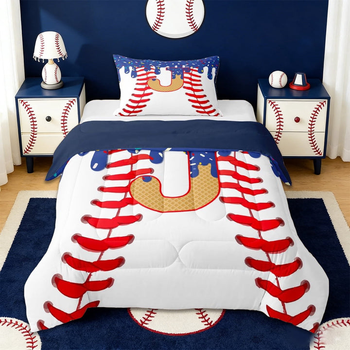 Erosebridal Kids Baseball Ball Gamer Twin Comforter Sets,Watercolor Monogrammed J Bedding Set For Boys,Reversible navy blue,2 Pieces