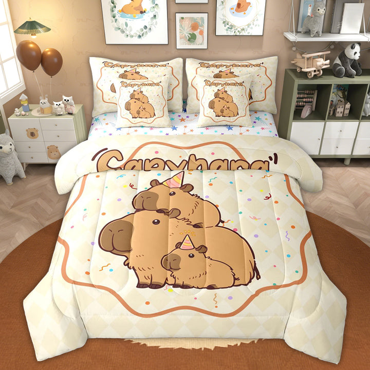 Erosebridal Kid Brown Capybara Twin Bedding Sets, Cute Animal Family Bedding Comforter Set, 7pcs