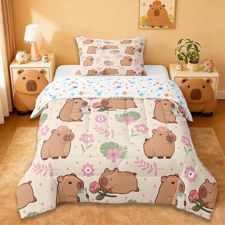 Erosebridal Kawaii Animals Capybara Twin Comforter Sets,Rodent Animal Theme Pink Flowers Bedding Set For Kids Girls Reversible 2-Piece