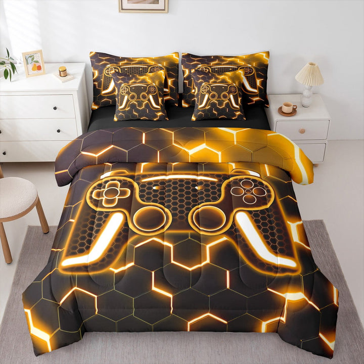 Erosebridal Orange Gamepad Bedding Sets Twin Size,Honeycomb Hexagon Comforter Sets with Sheets,Teens Bedroom Decor,Reversible,Breathable,7-Piece