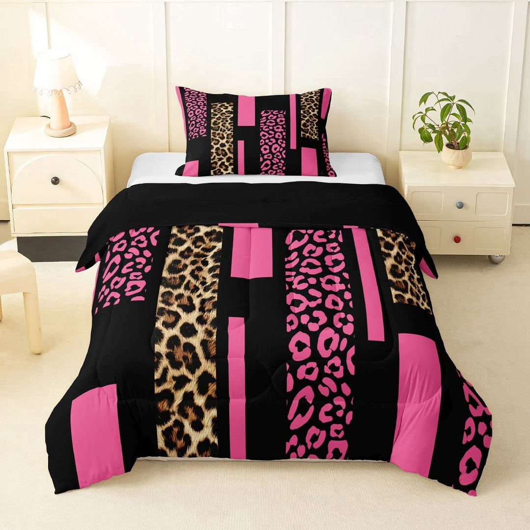 Erosebridal Leopard Cheetah Print Kid Twin Comforter Sets, Fashion Abstract Bedding Set, Pink, 2-Piece