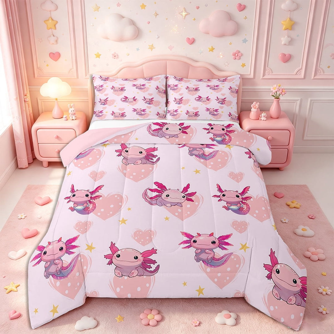 Erosebridal Cute Axolotl Comforter Set,Pink Coastal Animal Bedding Set,Ocean Cute Axolotl Reversible Duvet Insert,Heart Print Quilt with 1 Pillowcase Lightweight,Twin