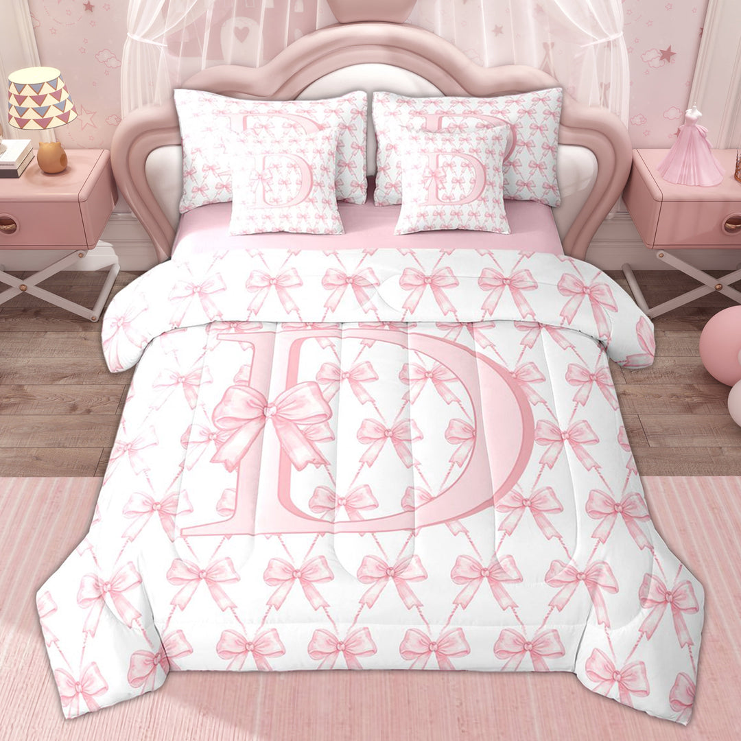 Erosebridal Kid Bowknot Initial D Twin Bedding Sets, Pink Princess Style Bedding Comforter Set, 7-Piece