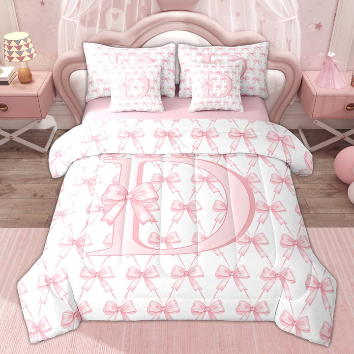 Erosebridal Kid Bowknot Initial D Twin Bedding Sets, Pink Princess Style Bedding Comforter Set, 7-Piece