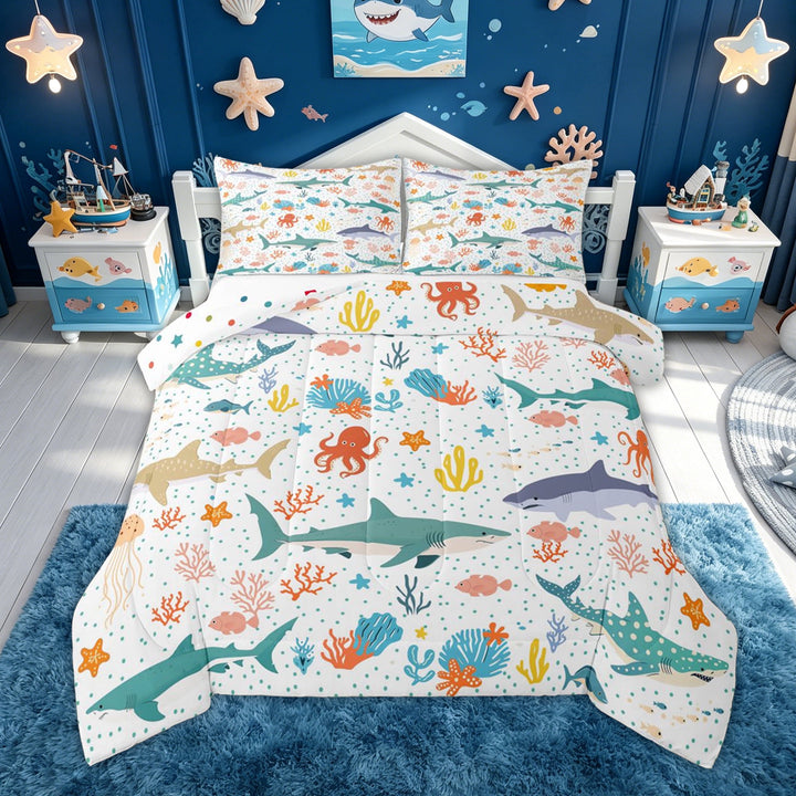 meiyoeat Playful Shark Octopus Full Size Comforter Sets for Kids Boys, Ocean Animal Bedding Comforter Set for Bedroom, Multicolor, Polkadot Reversible, 3pcs