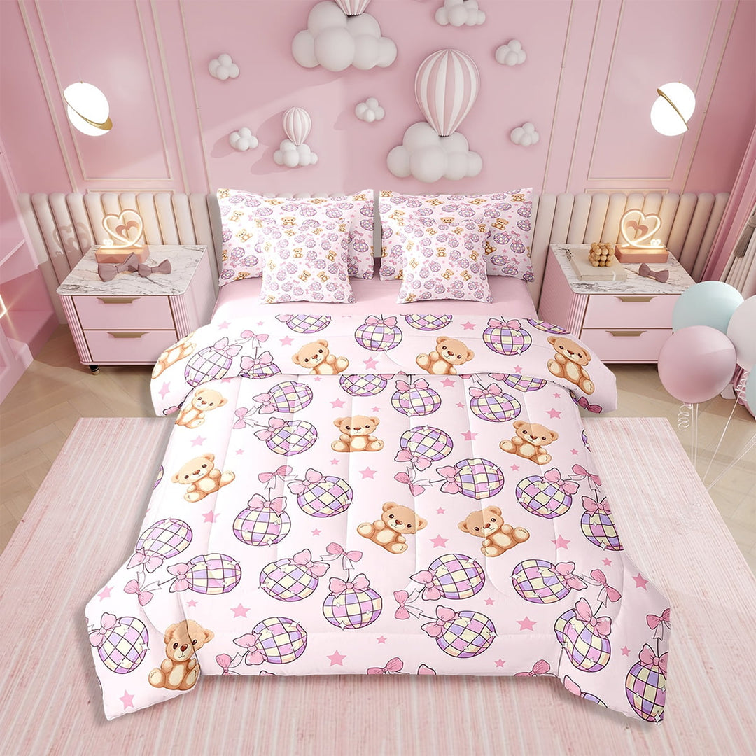Erosebridal Girly Bowkont 7 Piece Bedding Set Twin Size Watercolor Pink Bow Comforter Set with Sheets Adult Princess Style Bed in a Bag Cute Bear Bed Set