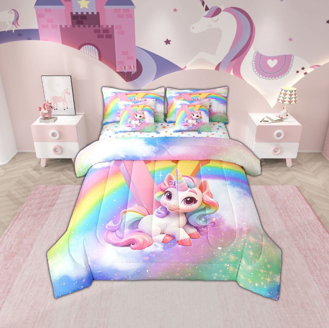 Erosebridal Cartoon Unicorn Bed in a Bag Twin size, Glitter Rainbow Bed Set, Monogrammed V Reversible Bedding Twin Size, Breathable Room Decor, 7 Pieces