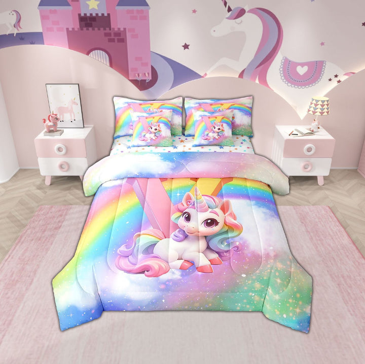 Erosebridal Cartoon Unicorn Bed in a Bag Twin size, Glitter Rainbow Bed Set, Monogrammed V Reversible Bedding Twin Size, Breathable Room Decor, 7 Pieces
