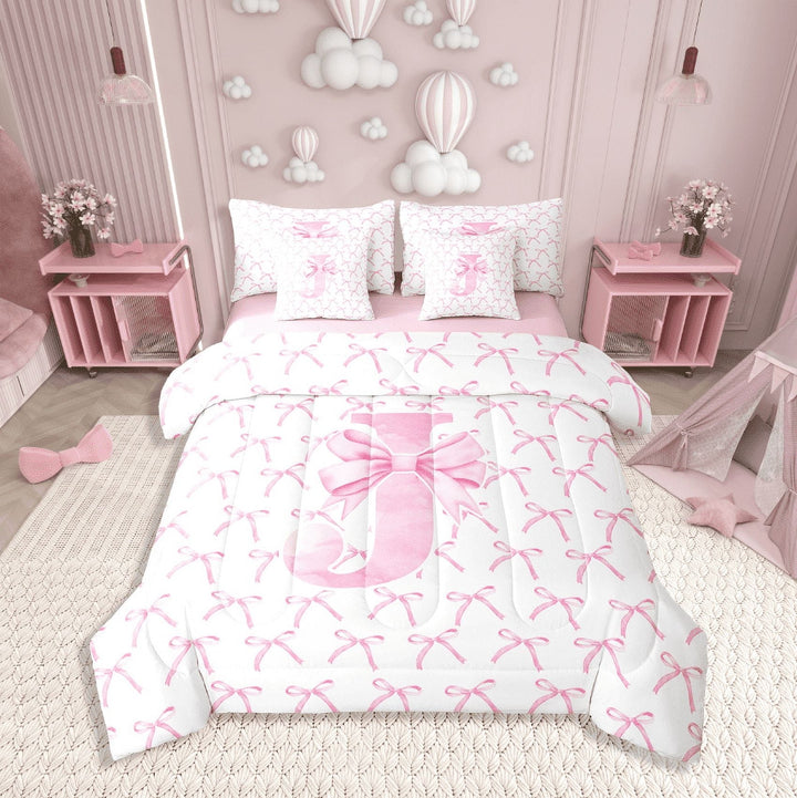 Erosebridal Letter Bow Bedding Sets Twin Size,Monogrammed Initial Comforter Sets with Sheets,Dreamy Room Decorative,Reversible,7pcs