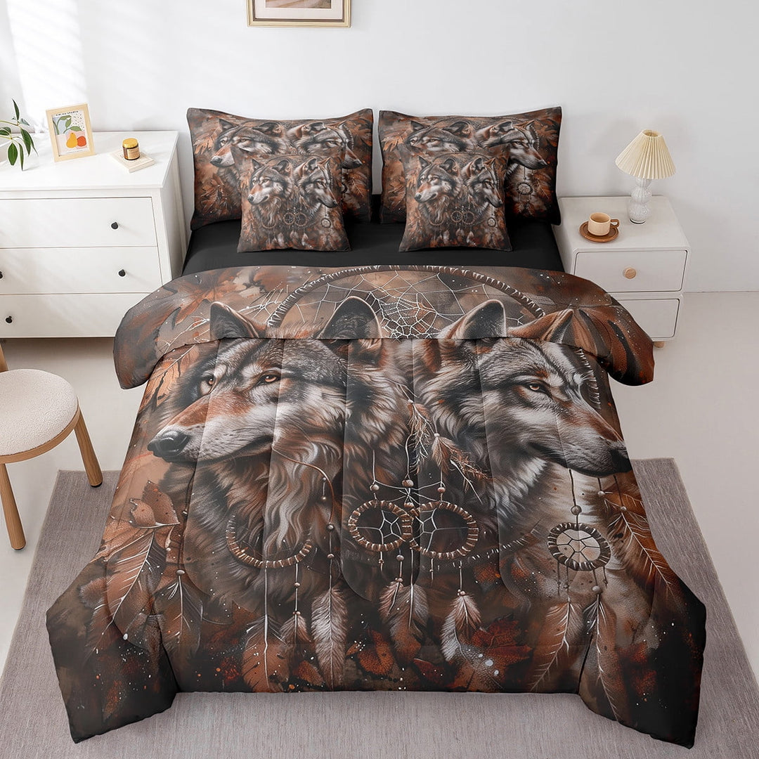 Tribal Wolves Bedding Set Twin,Bohemian Dream Catchers Comforter Set Teens,Tribe Couple Wolf Bed in a Bag(Comforter,Sheets,Pillowcases &amp; Cushion Covers)7 Pieces Bed Set