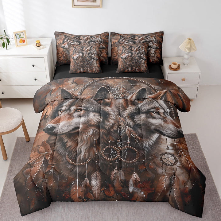 Tribal Wolves Bedding Set Twin,Bohemian Dream Catchers Comforter Set Teens,Tribe Couple Wolf Bed in a Bag(Comforter,Sheets,Pillowcases &amp; Cushion Covers)7 Pieces Bed Set
