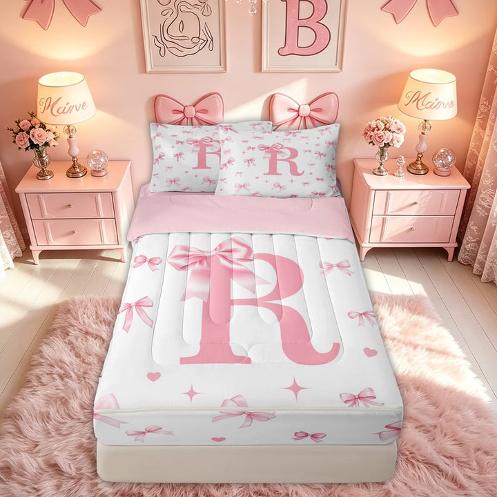 meiyoeat Bow Letter R Zipper Comforter Set with Fitted Sheet and 2 Pillowcases for Kids Girls, Aesthetic Print Zipper Bedding Set, Pink, Pink Reversible, 3pcs