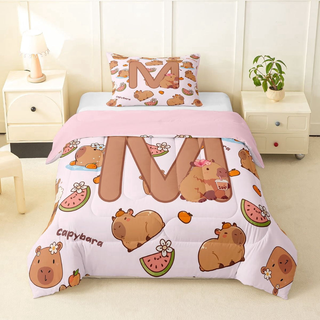 Erosebridal Girls Personalized Initial M Cute Capybara Twin Comforter Sets 3-Piece For Kids,Cartoon Fruit Orange Watermelon Flowers Bedding Set,Pink Reversible