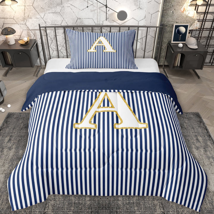 Erosebridal Kids Cartoon Monogrammed A Twin Comforter Sets, Navy Stripes Ombre Bedding Set, 2-Piece