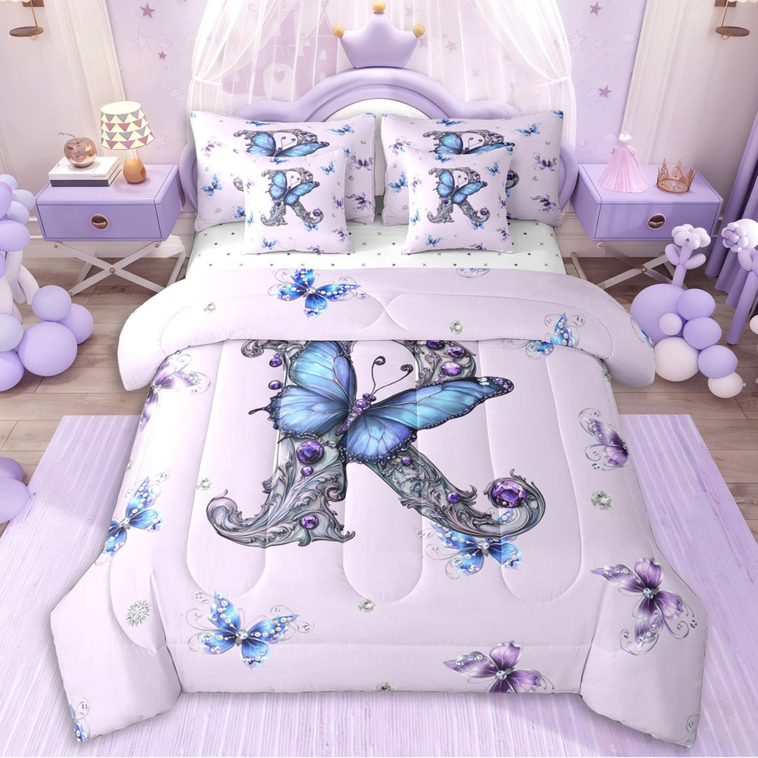 Erosebridal Letter R Monogrammed Vintage Flowers Twin Bedding Sets 7-Piece For Kids Girls,Teens Princess Elegant Flying Butterflies Bedding Comforter Set,Super Cozy Room Decor