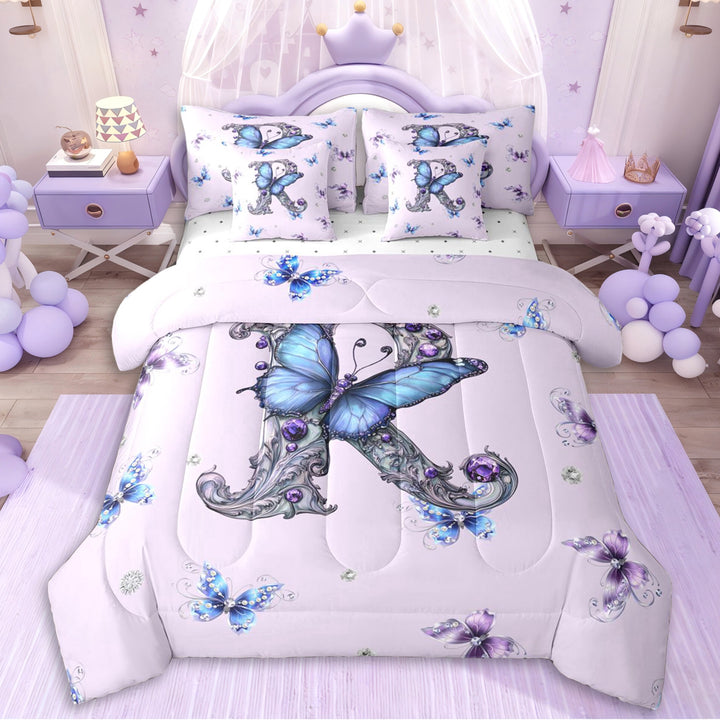 Erosebridal Letter R Monogrammed Vintage Flowers Twin Bedding Sets 7-Piece For Kids Girls,Teens Princess Elegant Flying Butterflies Bedding Comforter Set,Super Cozy Room Decor