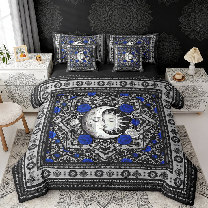 Erosebridal Boho Sun and Moon Twin Bedding Sets, Bohemian Aztec Mandala Bedding Comforter Set, Black Gray Blue, Black Reversible 7pcs