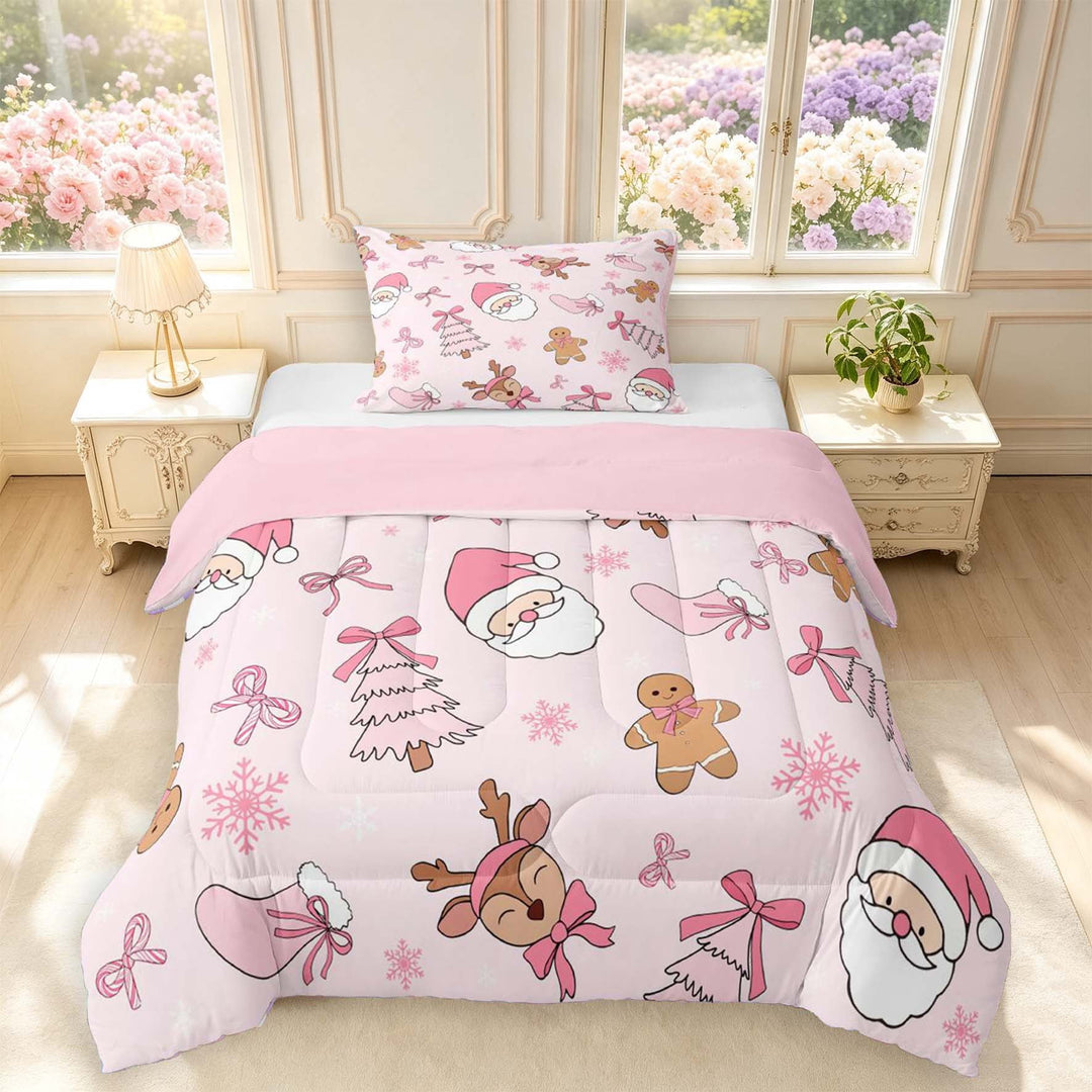 Manfei Cartoon Santa Claus Twin Comforter Sets,Christmas Gingerbread Men Bedding Set,Pink,Pink Reversible,2 Pieces,1 Comforter and 1 Pillowcase