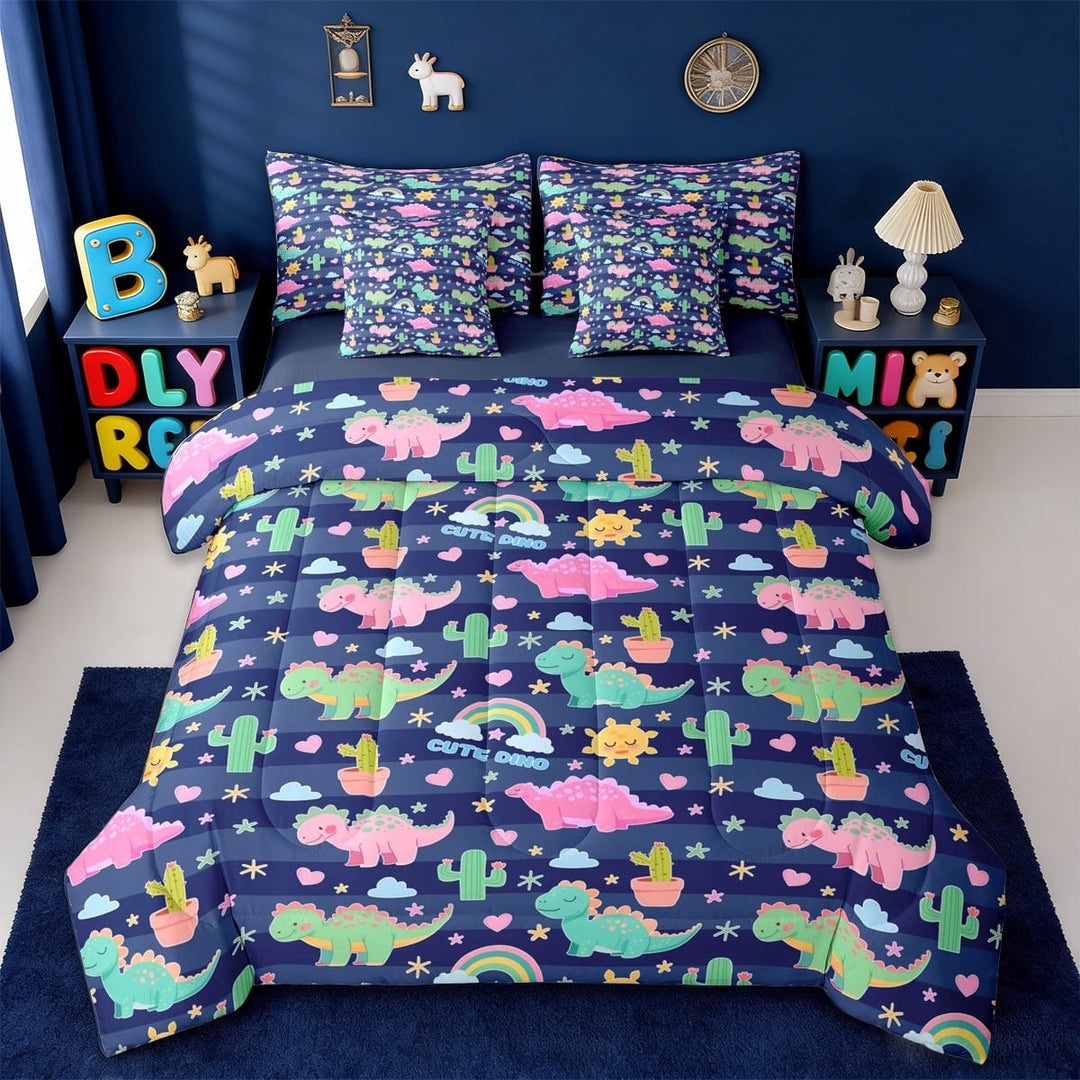 Erosebridal Colorful Dinosaur 7-Piece Twin Bedding Sets,Cartoon Dino Cute Rainbow Bedding Comforter Set For Boys Girls,Reversible