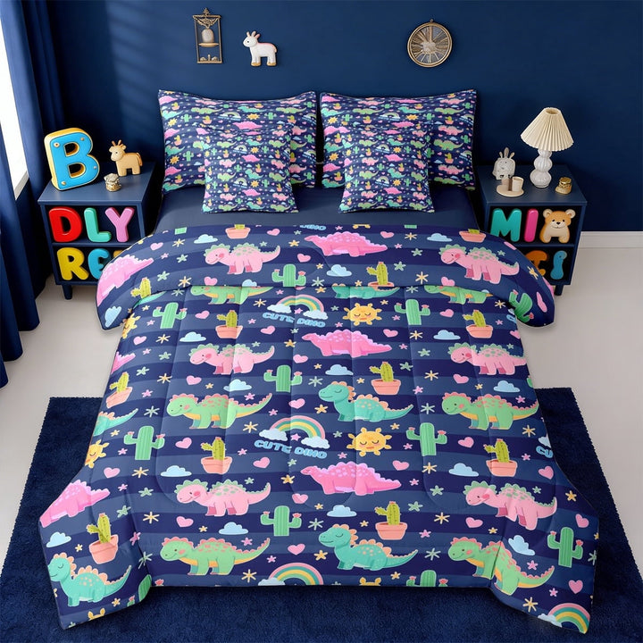 Erosebridal Colorful Dinosaur 7-Piece Twin Bedding Sets,Cartoon Dino Cute Rainbow Bedding Comforter Set For Boys Girls,Reversible