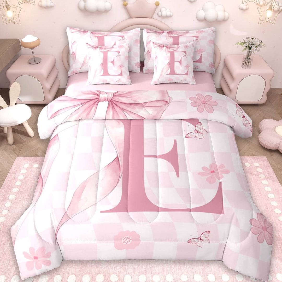 Erosebridal Girls Bowknot Letter E 7-Piece Twin Bedding Sets,Pink Cherry Blossom Bedding Comforter Set For Kids,Reversible pink