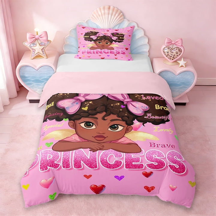 Erosebridal Cute Princess Girl Twin Bedding,Cartoon Black Girly Colorful Loves Print Duvet Cover Set For Kids,Reversible Pink,2pcs(No Comforter)