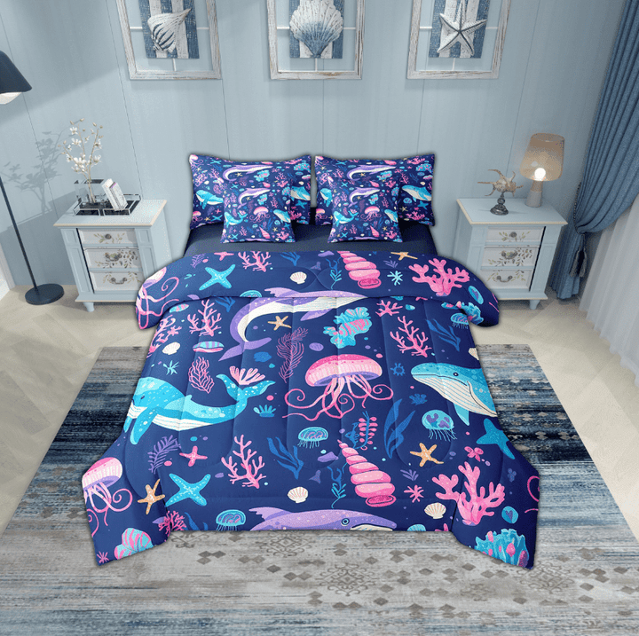 Erosebridal Whale Jellyfish Bedding Sets Twin Size,Marine Animal Comforter Sets with Sheets,Super Cozy Reversible Bed in a Bag Twin size,Ocean Theme Decoration,7pcs