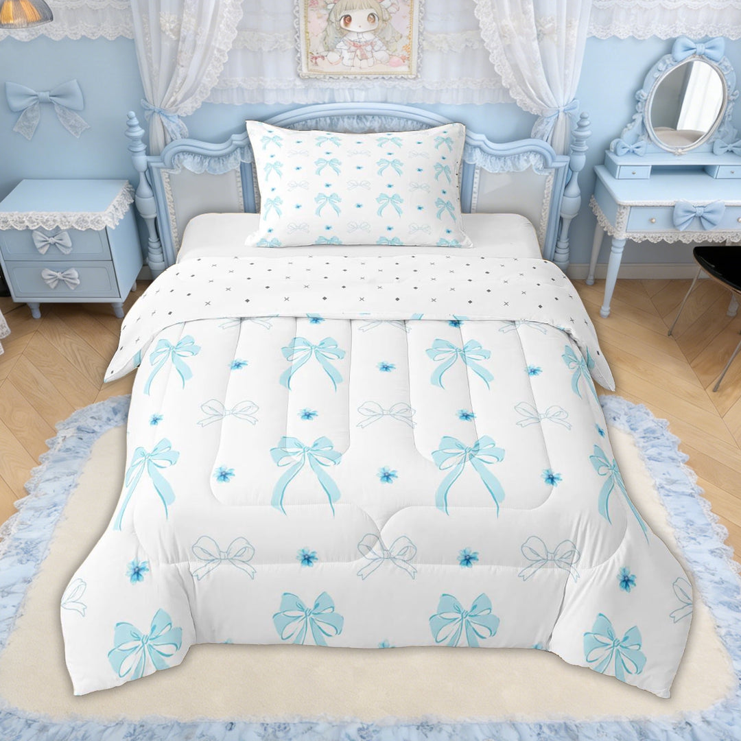 Erosebridal Blue Bow Flower Twin Comforter Sets for Girls, Cartoon Ribbon Bedding Set for Kids Teens, Reversible, 2-Piece