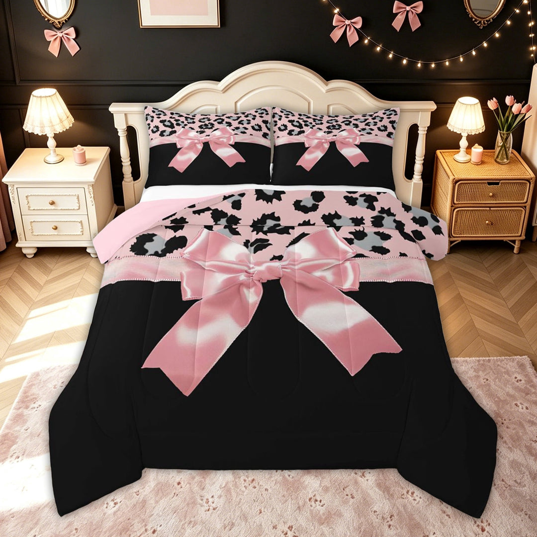 meiyoeat Glam Leopard Bow Full Size Comforter Sets for Women, Animal Print Bedding Comforter Set for Bedroom, Pink Black, Pink Reversible, 3-Piece