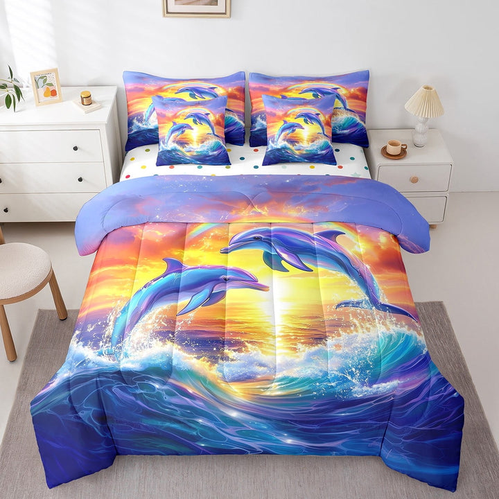 Erosebridal Couple Dolphin Bedding Sets Twin Size, Ocean Wave Comforter Sets with Sheets, Romantic Sunset Decor, Reversible 7pcs