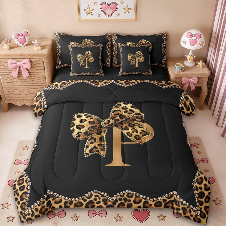 Erosebridal Cheetah Print Bowtie 7-Piece Twin Bedding Sets For Women Girls,Letter P Monogrammed Bedding Comforter Set For Kids,Reversible black
