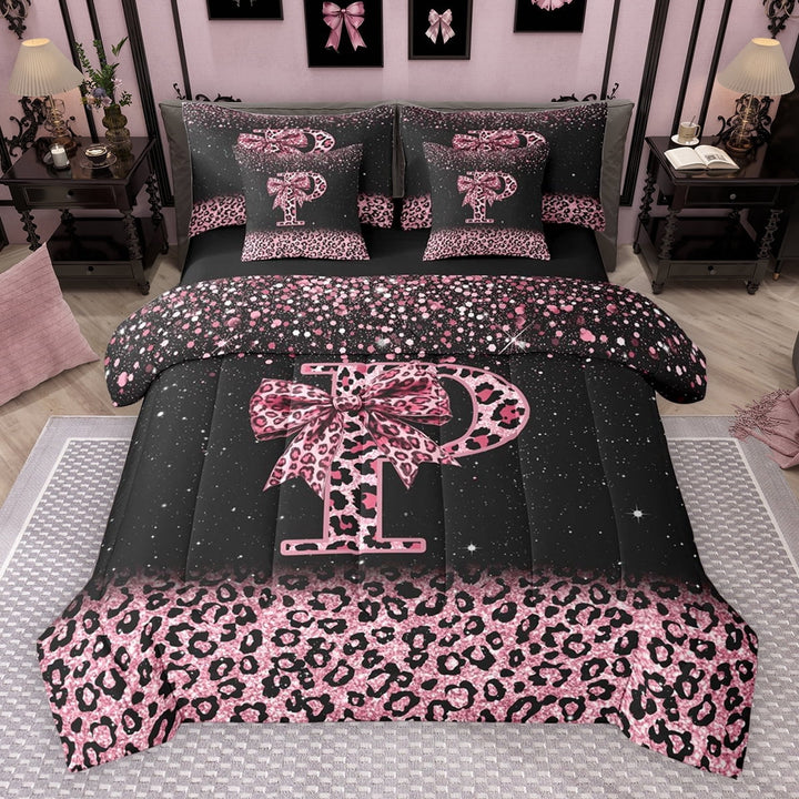 Erosebridal Cute Pink Leopard Print Twin Bedding Sets for Girls, Bowknot Letter P Bedding Comforter Set, Black Reversible 7-Piece